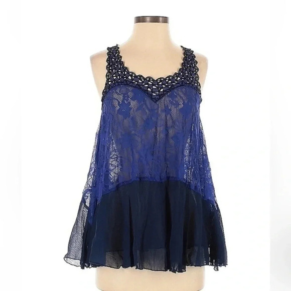 Free People | Boho Hippie Sheer Cobalt Blue Lace Crepe Swing Tank Blouse Size XS - Picture 2 of 3